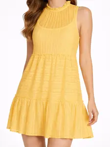 Women's Butter Yellow Sleeveless Mini Dress – Ruffle Neck Tiered Babydoll Dress