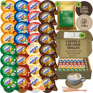 International Delight Coffee Creamer Singles with Ground Coffee Packets - 101 total count - Hersheys, Irish and 5 More Flavored Pods with 1x2.5 oz Coffee Bag, Stirrers & Coasters