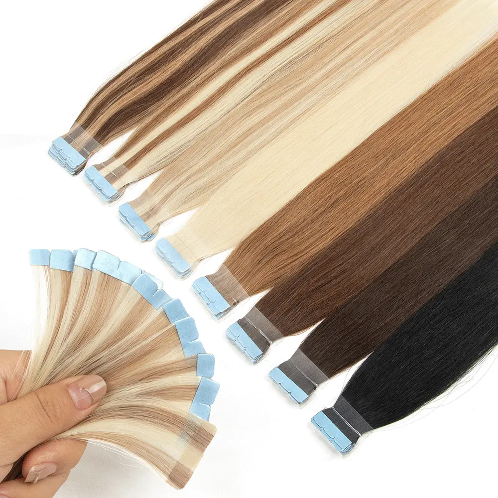 10pcs/pack Mini Tape Hair Extensions 12"-24" Machine Remy Invisible Adhesive Mini Tape In Human Hair Natural Straight Black Brown Blonde Tape On