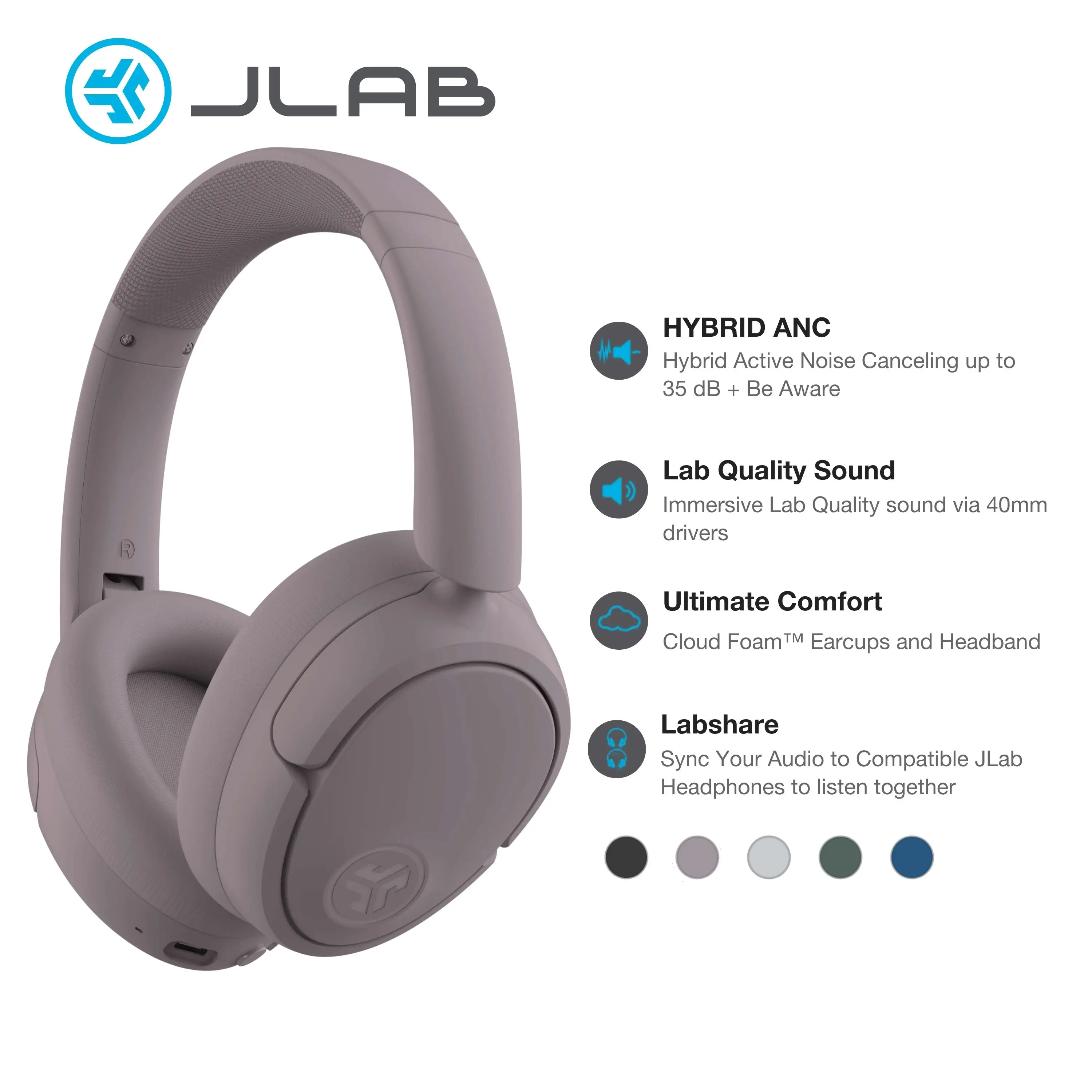 JLab JBuds Lux ANC Wireless Bluetooth Noise Cancelling Headphones with Mics, Adjustable Over-Ear Design, Custom EQ, Be Aware Safety Mode, Foldable, Wired Charging Cable, Compatible with iPhone/Android Devices (Tools and Gadgets, Mens Gifts)