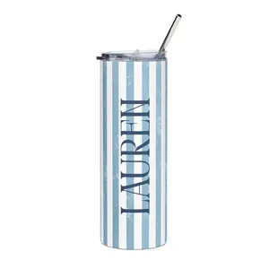 Coastal Personalized Tumbler | Beach Stripe Name Cup | Preppy Summer Travel Mug | Custom Girls Trip Tumbler | Blue Beach Vacation Cup