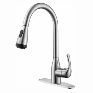 Brushed Nickel Kitchen Sink Faucet with Pull Down Sprayer, Single Handle High Arc Kitchen Faucet with 4 Spray Modes, Stainless Steel Deck Mount Faucet with Deck Plate for 1 or 3 Hole Farmhouse RV Utility Sink