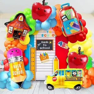 Back to School Decorations with Rainbow Balloons,Back to School Balloon Garland Arch Kit,School Bus House Pencil Bag Balloons for First Day of School Kindergarten Party,Welcome Back Balloons Light