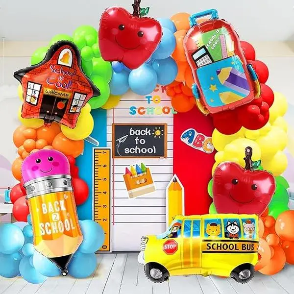 Back to School Decorations with Rainbow Balloons,Back to School Balloon Garland Arch Kit,School Bus House Pencil Bag Balloons for First Day of School Kindergarten Party,Welcome Back Balloons Light