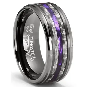 Mens Carbon Fiber Tungsten Carbide Ring Purple Wood Wedding Band Gunmetal 8MM