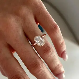 Elegant Rose Golden Rectangle Cut Ring for Women, Sparkly Minimalist Crystal Statement Ring, Chic Daily Wear Anniversary Party Jewelry Gift for Her