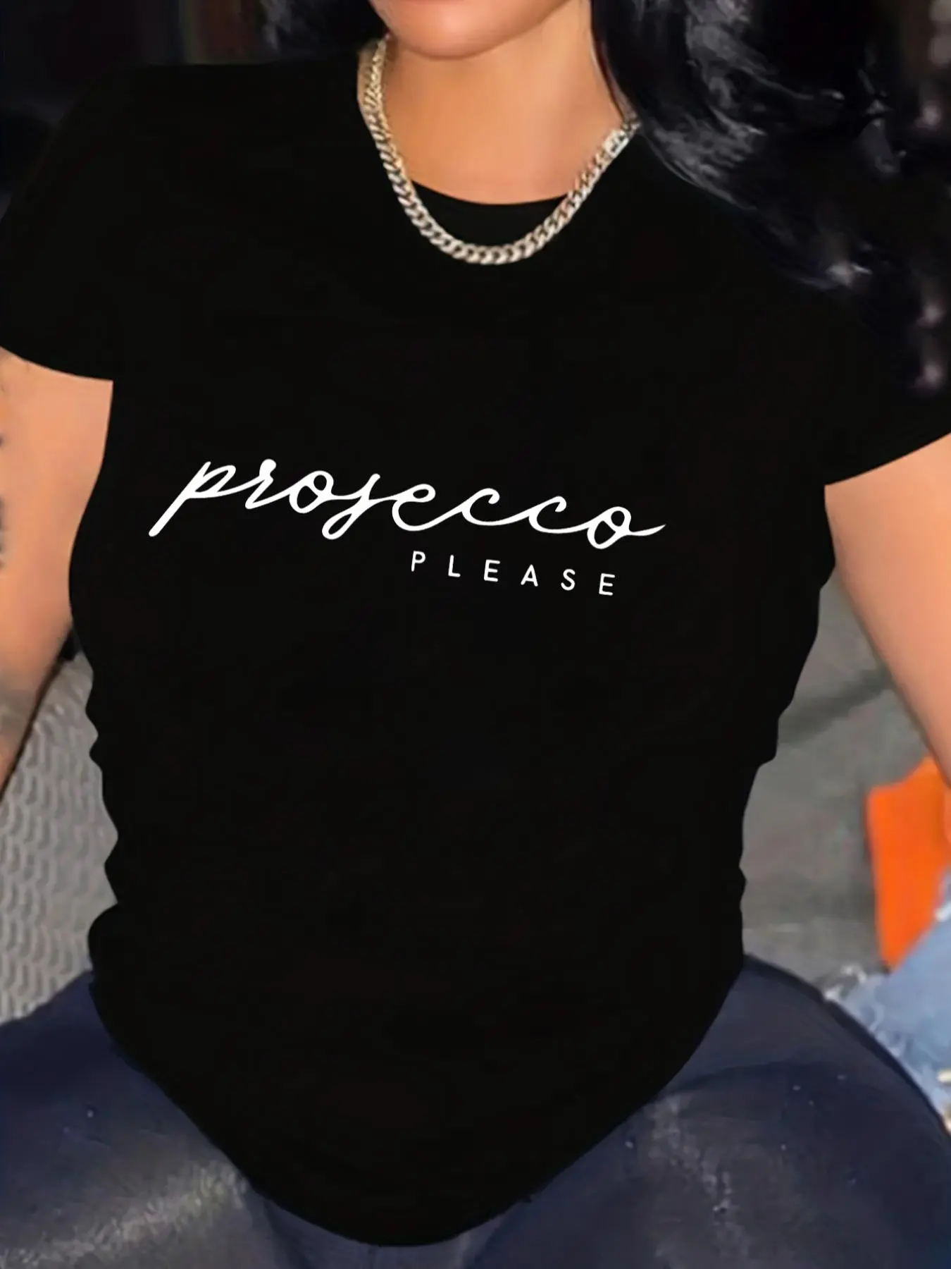 Women's Prosecco Please Round Neck Tee, Casual Short Sleeve Crew Neck T-shirt for Spring & Summer, Fashion Women's Top for Daily Wear, Womenswear