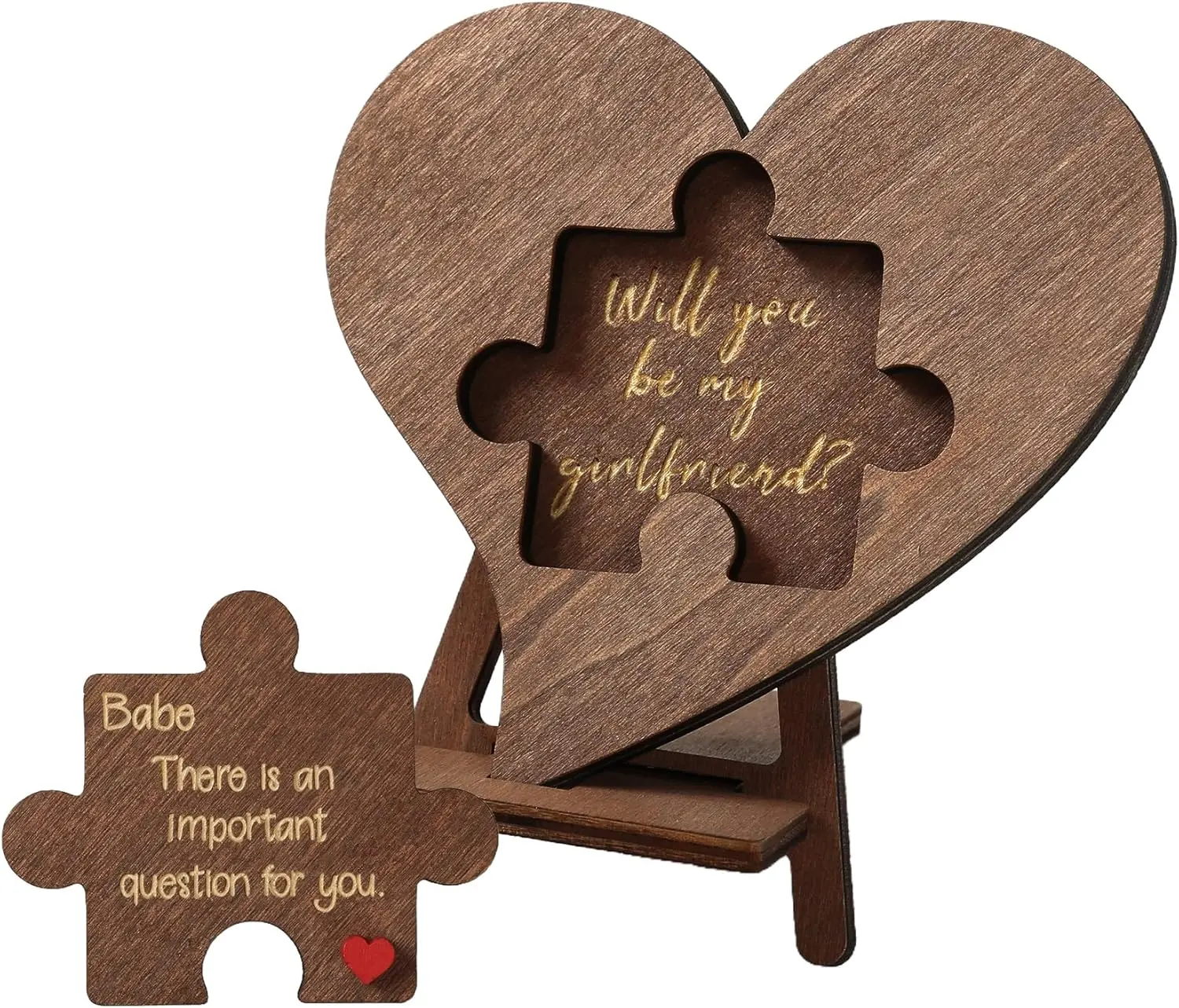 Will You Be My Girlfriend - Quieres Ser Mi Novia, Be My Girlfriend Proposal Card Ideas, Engraved Wood Heart Puzzle Piece Sign, Romantic Gift for Valentine's Day (English)