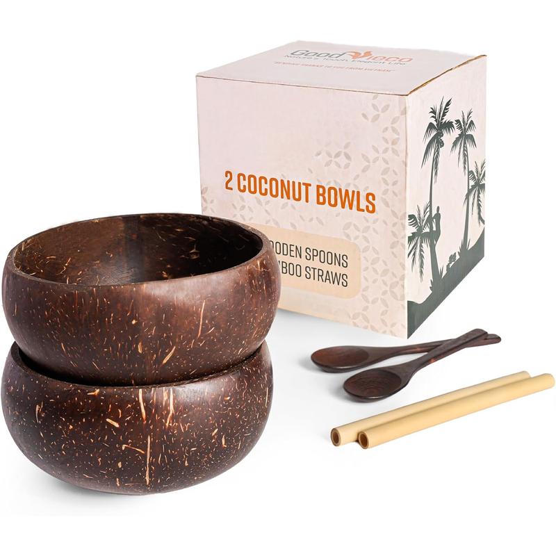 Coconut Bowl with Wooden Spoons and  Straws -   Coconut Shell  for Smoothie, Acai, Buddha & Yogurt Bowls -  for  Eating (2, Polished)
