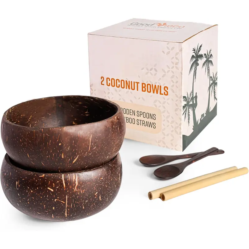 Coconut Bowl with Wooden Spoons and  Straws -   Coconut Shell  for Smoothie, Acai, Buddha & Yogurt Bowls -  for  Eating (2, Polished)