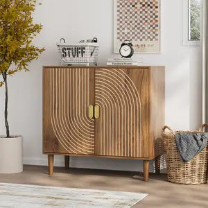 Two-Door MDF Buffet Sideboard with Line Groove Design Adjustable Partition Waterproof Scratch Resistant Large Storage Multifunctional Cabinet Easy Assembly for Dining Room Kitchen Entryway Living Room