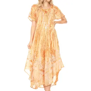 Sakkas Ronny Lace Embroidered Cap Sleeve Tie Dye Wash Caftan Dress / Cover Up