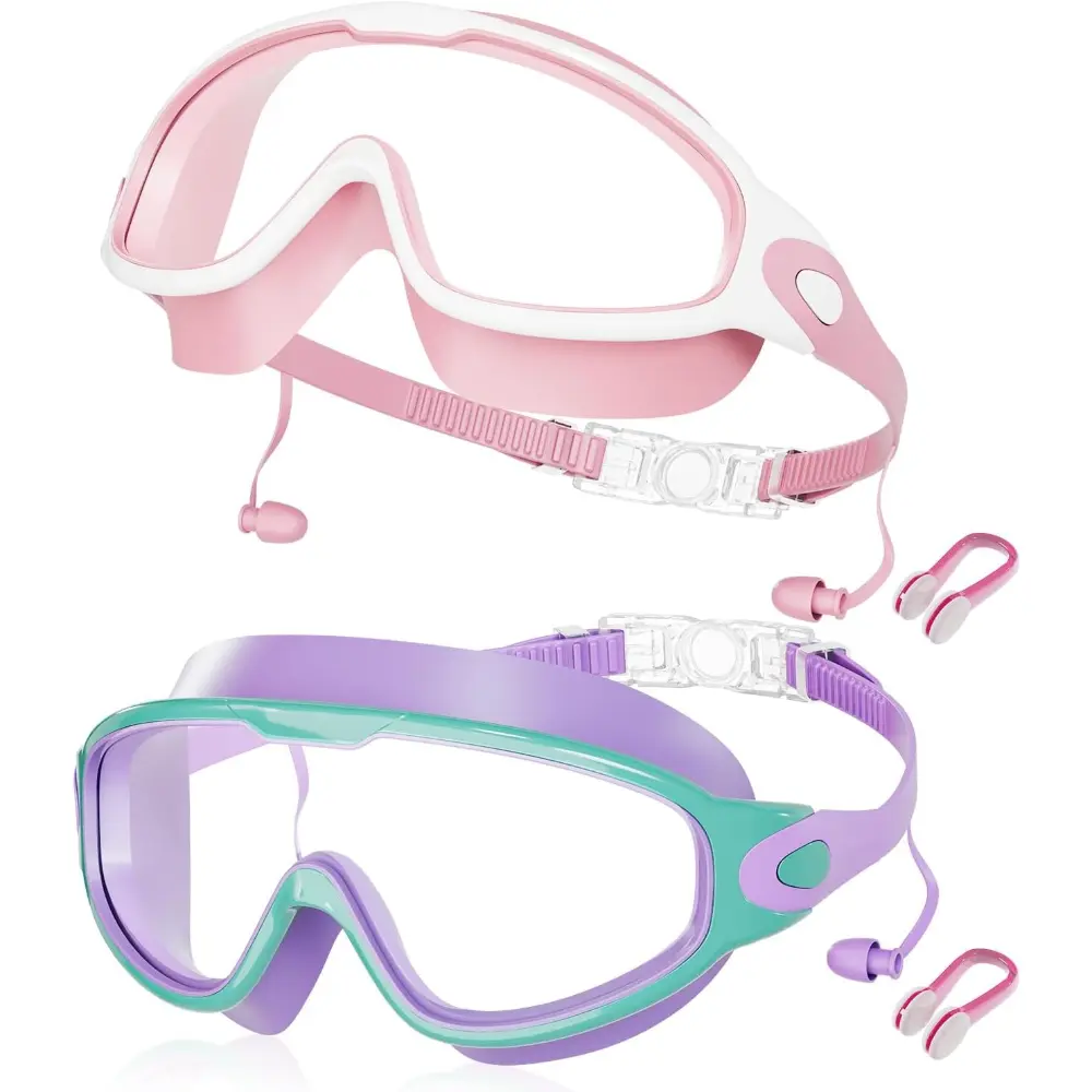 Kids' 2-Pack Wide View Swim Goggles - Anti-Fog, UV-Protective, No-Leak with Hair-Friendly Ear Plugs for Ages 3-14, Adjustable Swim Swimming Goggles, Anti-Scratch