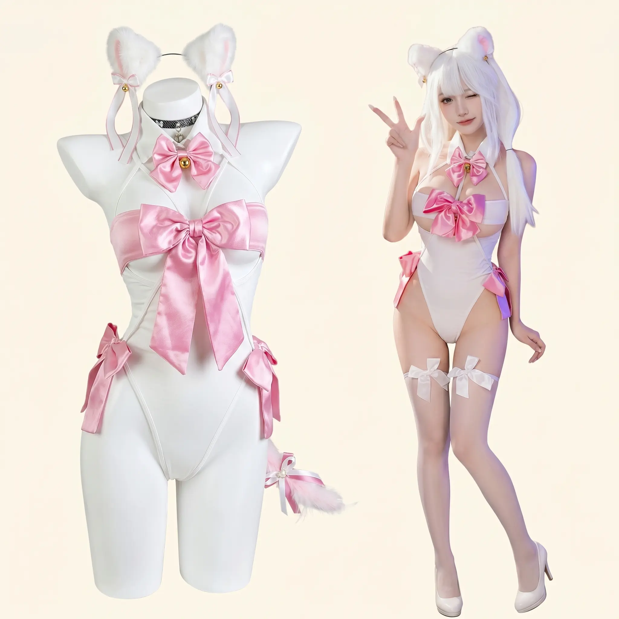Moeveil Cat Girl One-Piece Lingerie Set, Cute Lace-Up Lingerie Set - White and Pink, Sexy Anime-Style Lingerie Set, Perfect for dates and parties, Cute cosplay and lounge wear