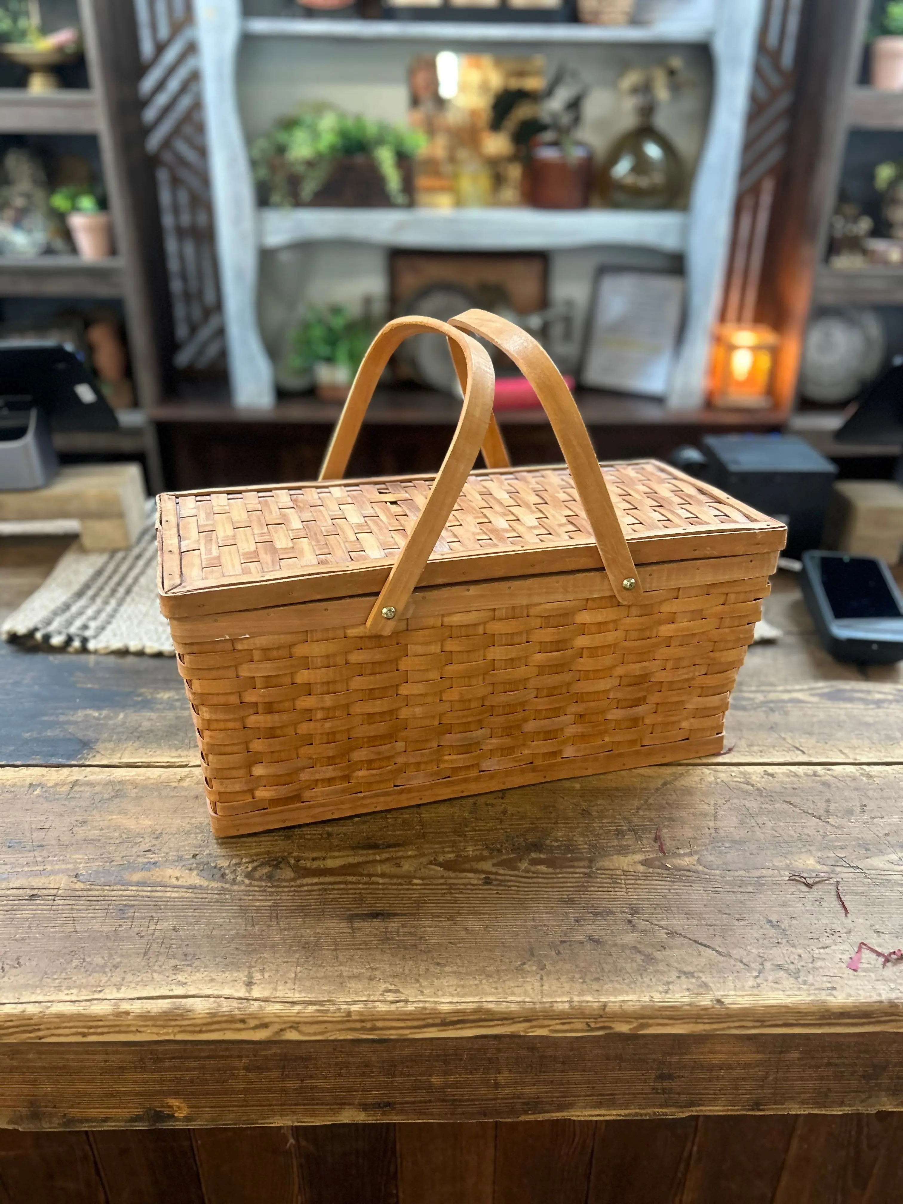 Vintage Handwoven Market Basket with Folding Handles & Lid