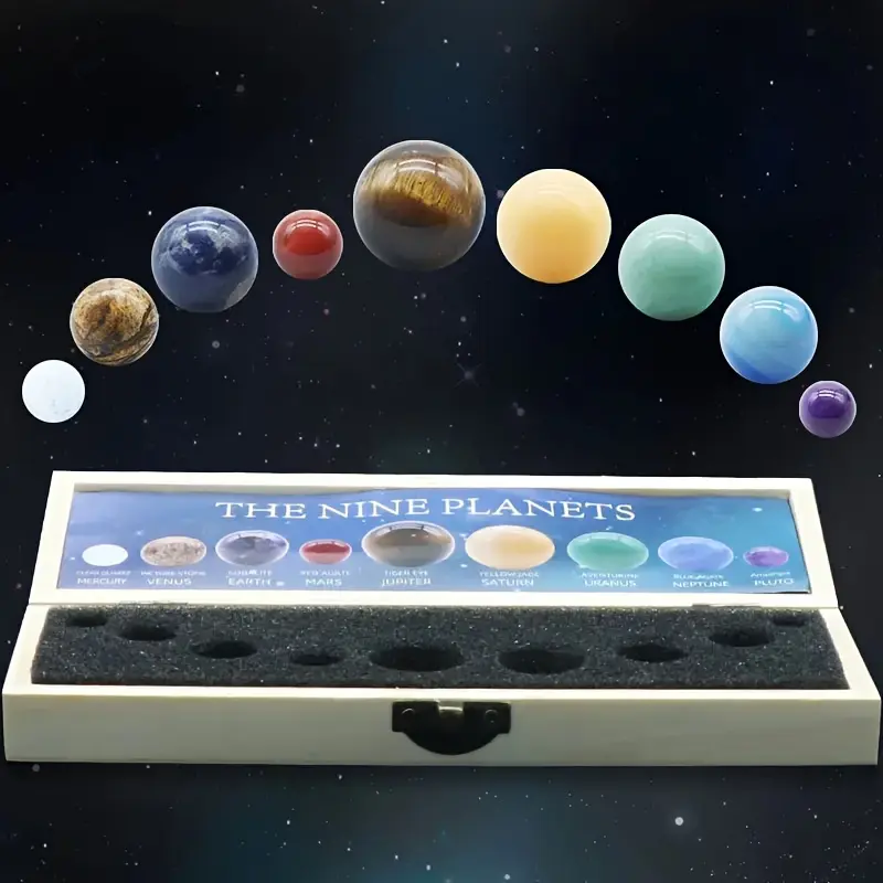 Nine Natural Crystal Gemstones, Mineral Stone Specimens, Nine Planets Of The Solar System, Round Ball Desktop Planet Ornaments, room Decor, home Decor, Makes a great gift for friends and family who appreciate spiritual and decorative items Selenite