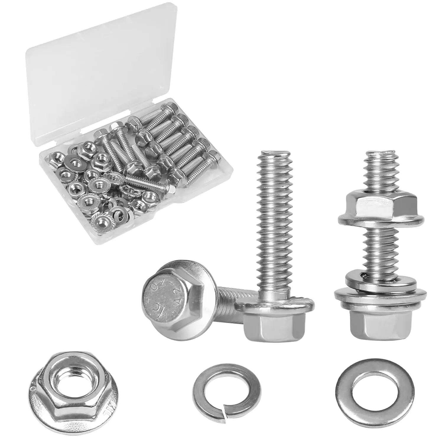 15 Sets 1/4-20 x 1 Flanged Hex   Kits, 1/4-20 Flange Hexagon Screws and Nuts,Flat & Spring Lock Washers, 304 Stainless Steel 18-8,Fully Threaded