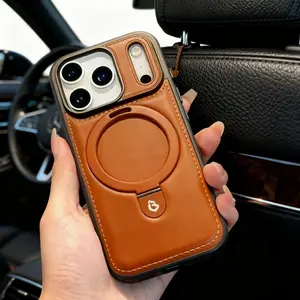 MagSafe Magnetic Charging Integrated Metal Stand High end PU Leather Phone Case for iPhone 17 Pro Max 17 Pro 16 15 14 Plus 13 12 11 Pro Max High end Leather Pattern Men's and Women's All inclusive Anti fall Protective Cover