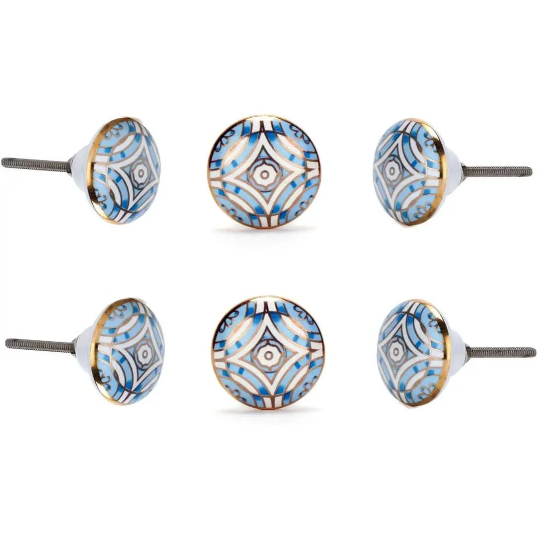 Set of 6 Aster Knob (Ceramic with 24 K ) Decorative Round Knobs for  Kitchen Cabinet  Hardware Cupboard Door Dresser Wardrobe Drawer Pulls (Blue)