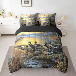 7 Pieces-Mallard Ducks Comforter Set with Bed Sheets,Camo Country Bedding with Pillocase,Lake Wild Duck Bed in A Bag,Fishing Duck Hunting Quilt Set