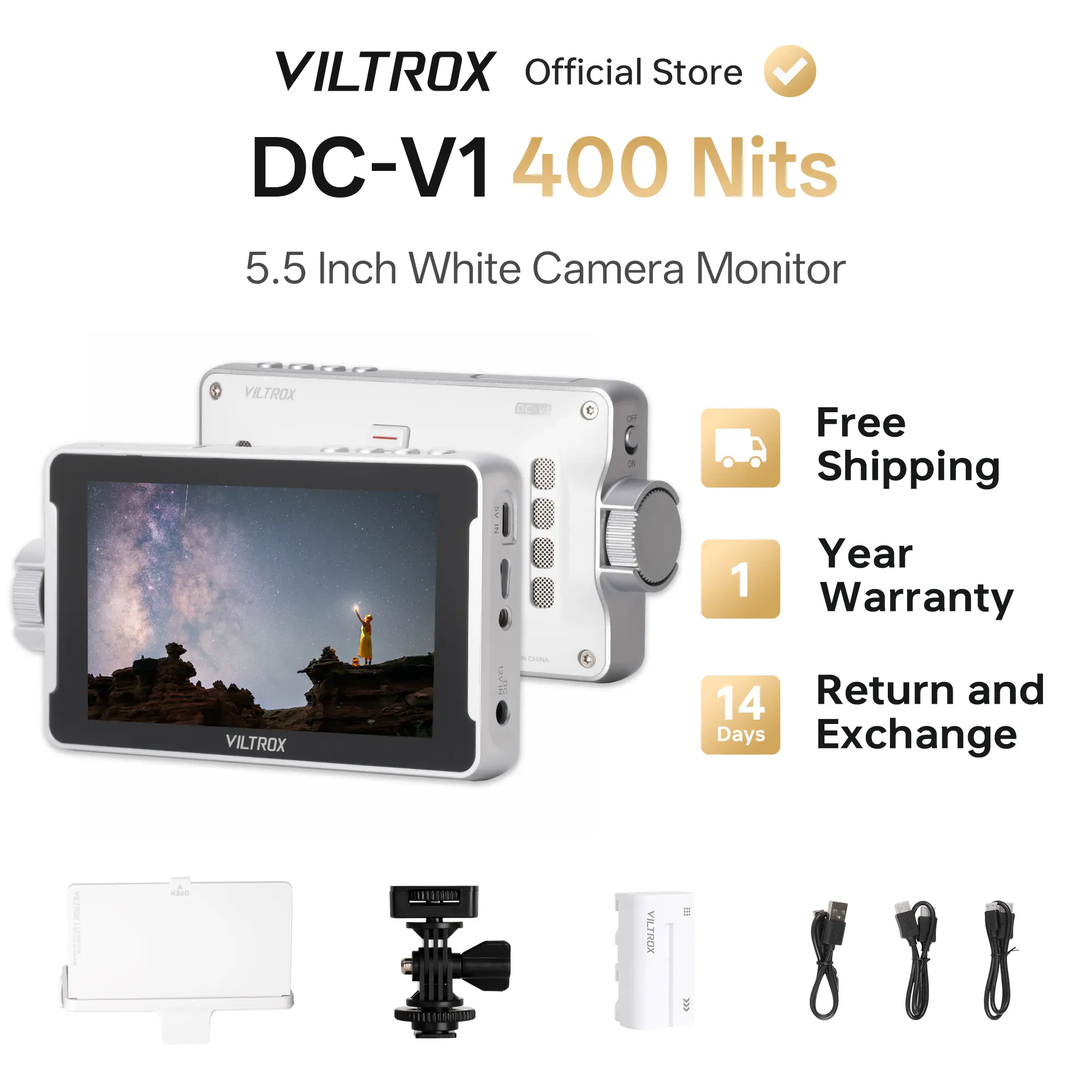 Viltrox DC-V1 HD 5.5-Inch Aluminium Portable Touchscreen Digital Camera Monitor, Camera Accessory with Efficient Cooling System, Multiple Power Supply Options, Lithium Battery Compatibility, Outdoor Use, Hood Included, Photography Accessories
