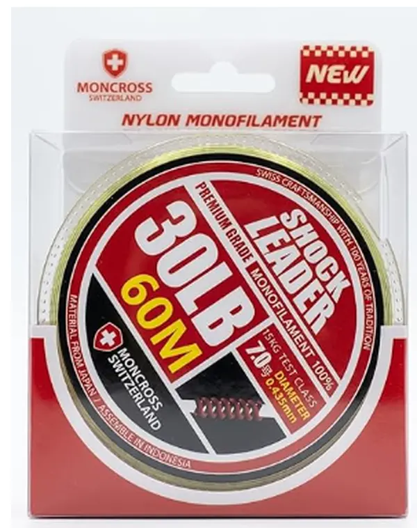 MONCROSS Premium Switzerland Shock Leader Monofilament Fishing Line - 30LB, 60M, 0.435mm Diameter, Abrasion Resistant, Exceptional Handling, Low Memory, Smooth Texture Saltwater Fishing Line for Superior Performance