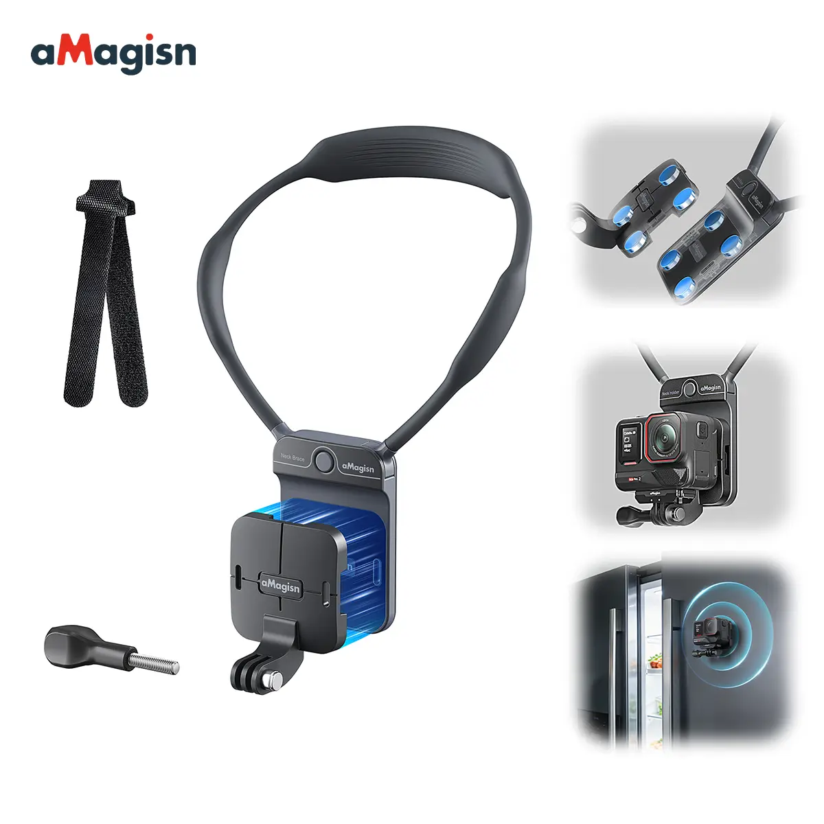 【aMagisn】Silicone Magnetic Metal Neck Strap POV Vlog Mount - N52 Strong Magnet Lock Hands-Free Mount for GoPro, Insta360 X6/X5, DJI Osmo Action Cameras, Acrylonitrile Butadiene Styrene Video Recording Gear Vlog Accessory Camera Accessory