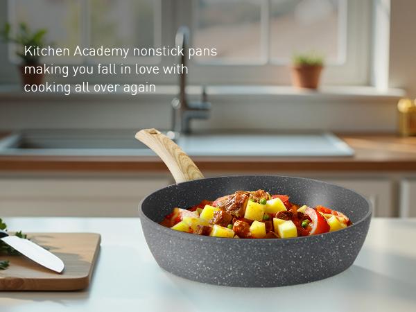 Kitchen Academy Granite Pots and Pans Set Non Stick, 12 Piece Cast Induction Cookware Set, Black Nonstick Kitchen Cooking Set w/Frying Pans & Saucepans(PFOS,PFOA,PFAS,PTFE Free)