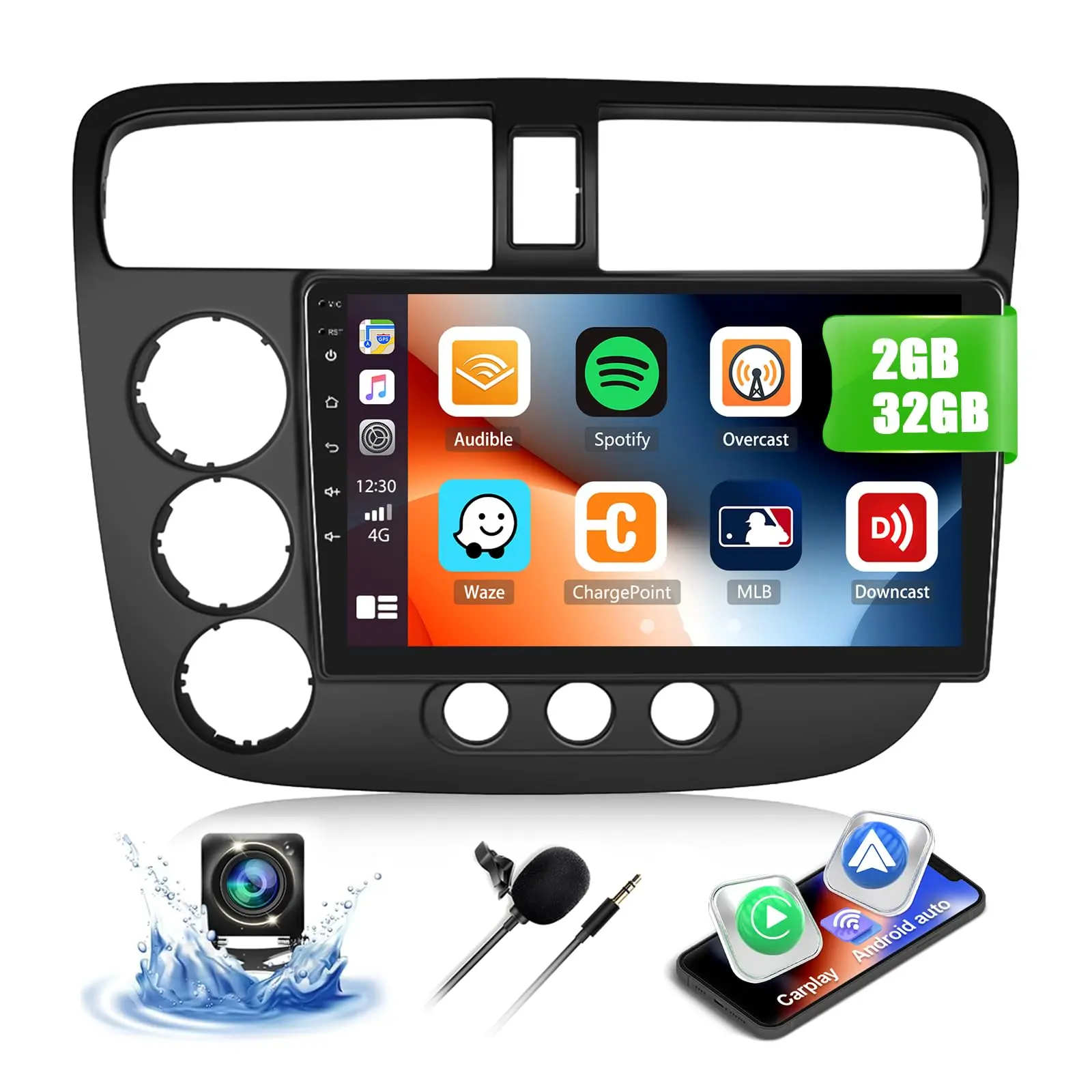 9-in Android 13 Car Media Player for 2001-2005 Civic, 2G RAM+32G CarPlay Touchscreen Head Unit with Android Auto, MirrorLink, GPS Navigation, Bluetooth, FM Radio, AHD Backup Camera, Wireless Sync, Voice Control, 16-Band EQ - Father's Day Gift