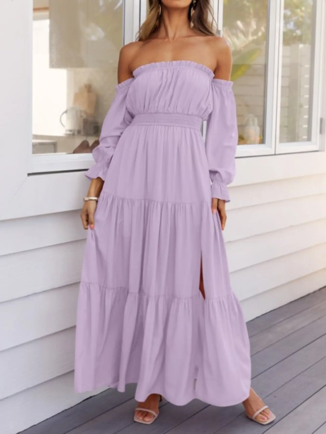 Women's Boho Off-Shoulder Long Sleeve Smocked High-Waist Side-Split Flowy  A-Line Tiered Maxi Dress, Elegant, Stylish & Chic Design - TikTok Shop