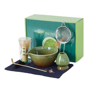 Garvee Matcha 7-Piece Whisk Set includes ceramic bowl, bamboo whisk and holder, bamboo scoop and spoon rest, stainless steel sifter, and tea towel, matcha kit for tea lovers