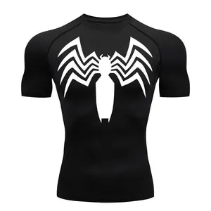Spider Print Compression Shirts for Men Summer Short Sleeve Rash Guard Gym Workout Running Tshirt Athletic Quick Dry Tees Tops