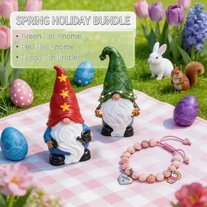 Spring Holiday Gnome & Lucky Bracelet Bundle: Solar-Powered Resin Gnomes & Pink Opal-Inspired Crystal Bracelet
