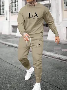Men's Fall Winter Fashion Set, Fitted Round Neck Long Sleeves Sweatshirt & Long Pants, Casual Letter Print, Perfect for Dating, Clothes