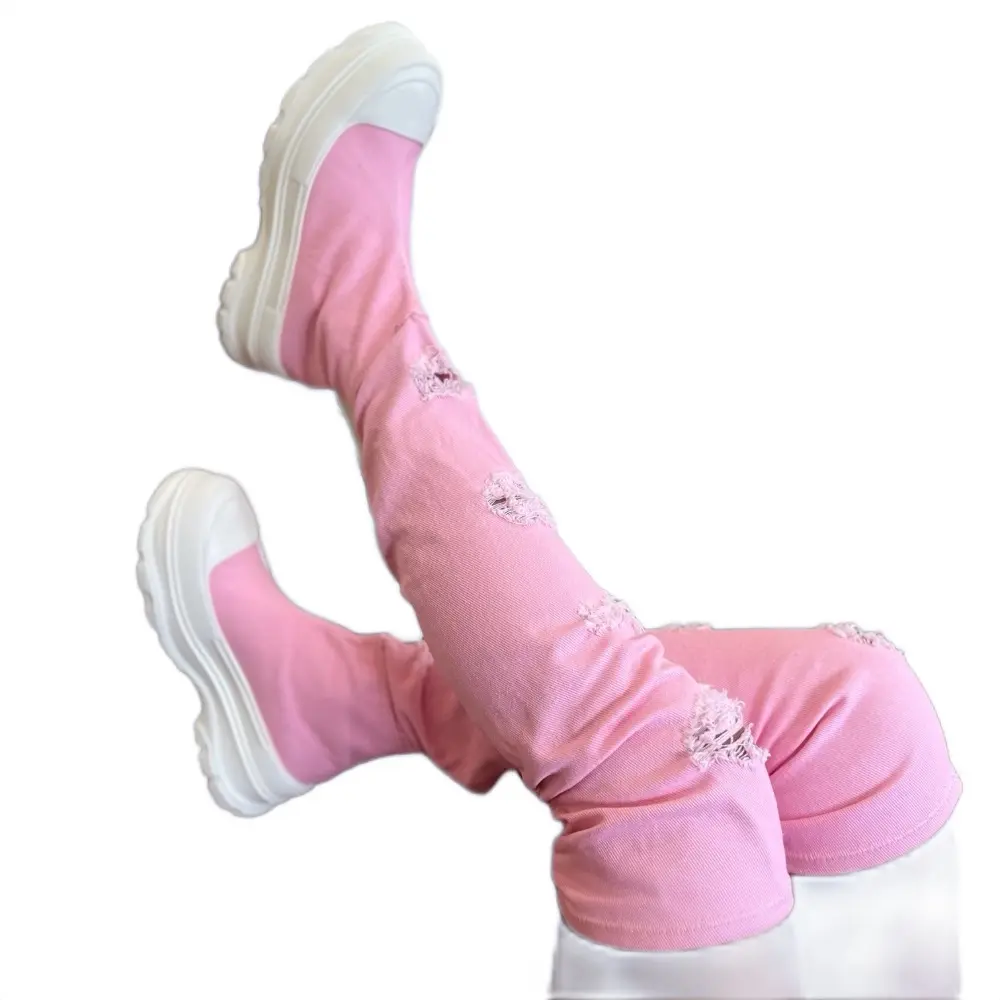 Pink Denim thigh high sock boot Over-the-Knee