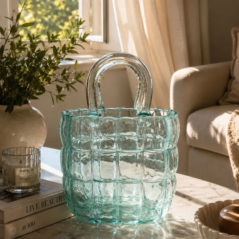 Aqua Luxe Glass Handbag-Size Dual-Use Vase, Decorative Home Decor for Living Room, Desk Home Supplies