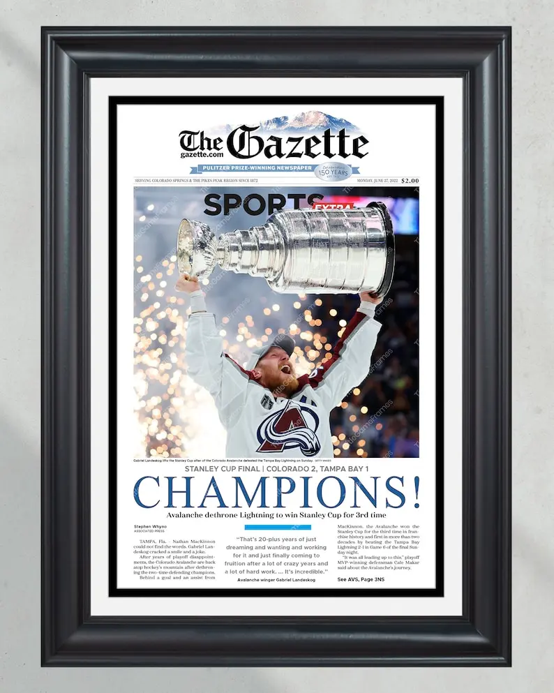 [Unframed Poster] 2022 Colorado Avalanche Stanley Cup 'Champions' Front Page Newspaper Print