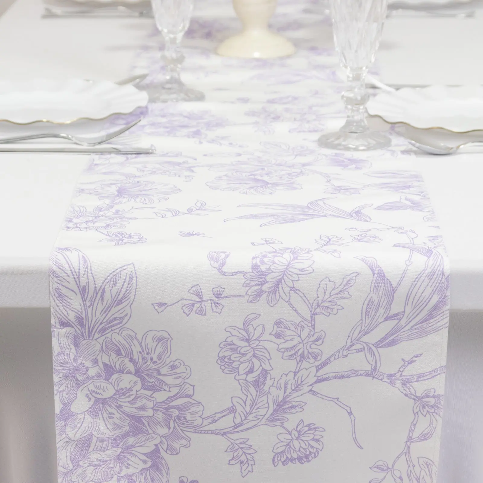 White Polyester Floral Print Decorative Fabric Runner - 12"x108", Lavender Lilac French Toile Large Flower Motif, Machine Washable (Use Warm Water Wash), Reusable Wedding Party Kitchen Linen Décor