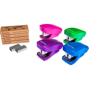 Back to School Mini Stapler Set of 4-with Built-in Staple Removers, 2000 Standard Staples Included - for Office, School, Travel, Blue, Pink, Purple, Green
