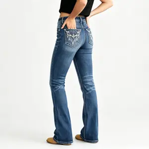 Womenswear Women's Low-Waist Bell-Bottom Jeans,Western Style Embroidered Pocket Jeans