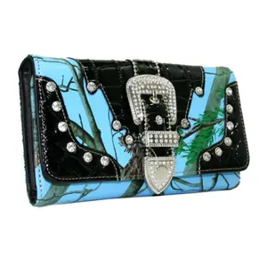 WB146-BLU-CAM Camouflage Western Women Trifold Wallet Rhinestone Bling Buckle - Blue & Camo