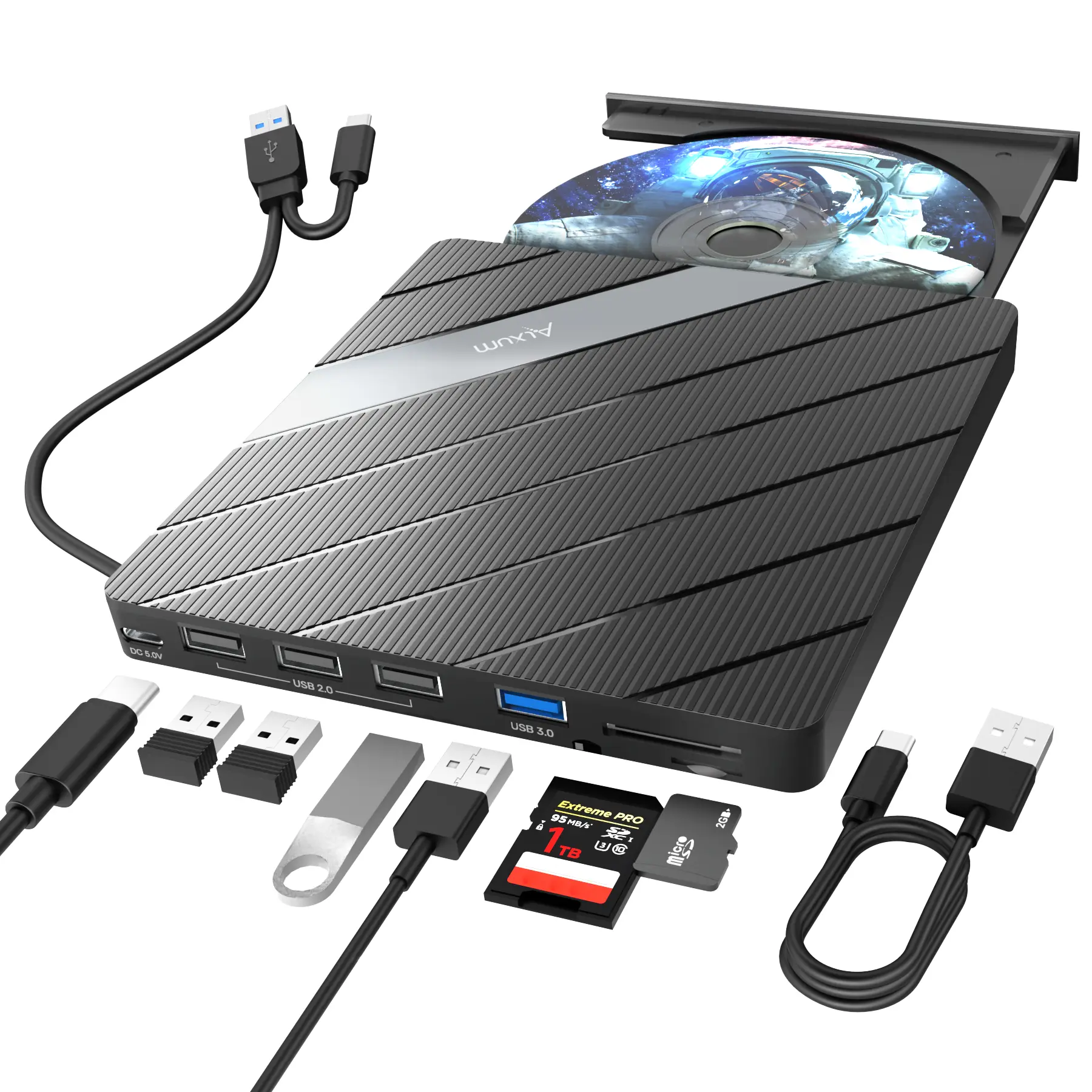 ALXUM 7-in-1 Retro CD Player - Wired External DVD Drive with 8x DVD, USB 3.0 & Type-C, Multidevice PnP, CD Read/Write, for Laptops/Desktops, Compatible with Windows 11/10/8/7 & Linux, Data Transfer