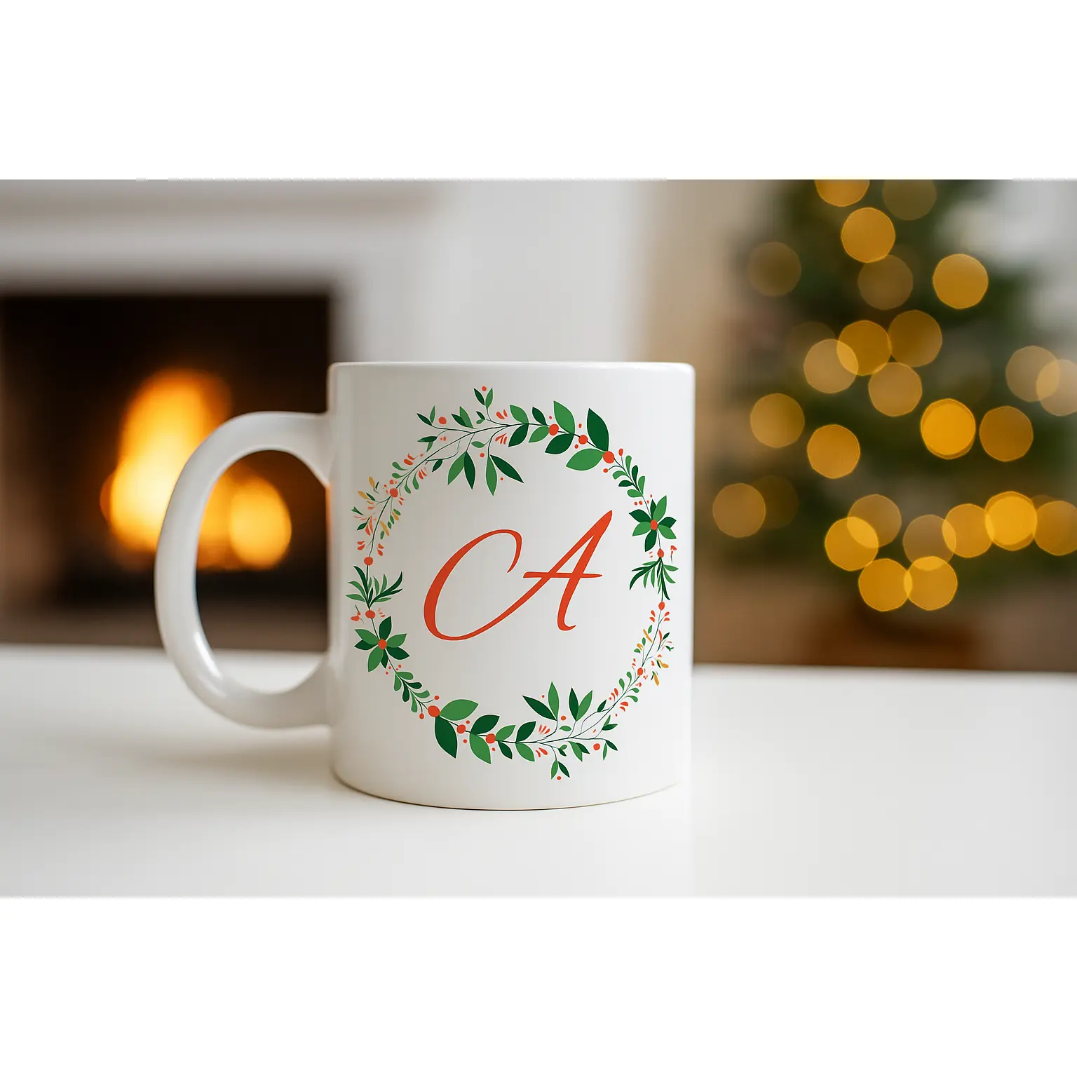Monogram A Floral Wreath Mug — 11oz Personalized Initial Coffee Cup