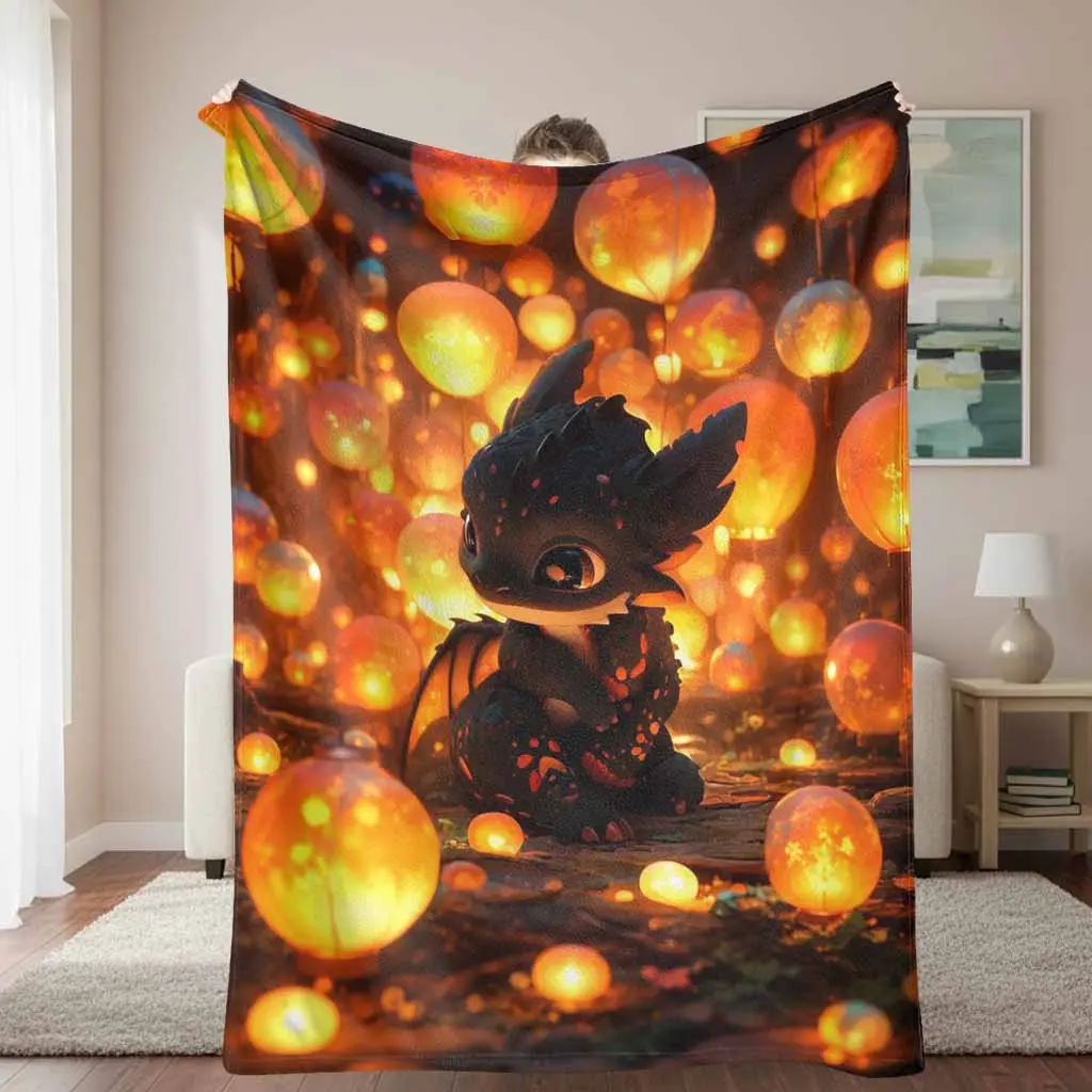 Cute Dragon Lantern Festival Flannel Throw Blanket, Fantasy Creature Glowing Lantern Print, Breathable Durable Unisex Adults' Soft Cozy Lightweight Warm Plush Blanket, Machine Washable for Sofa Bed, Holiday Gift Lounge Decor