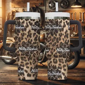 Leopard Pattern Tumbler 40oz with Handle, Biker Inspired Vintage Style Design, Gift for Motorcycle Lovers Insulated Travel Mug