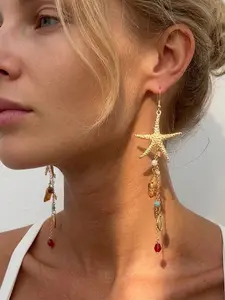 Boho Style Ocean Element Metal Starfish Shell Pendant Earrings, Irregular Crystal Bead Fringe Ear Rings, Unique Design Earrings, Women's Daily and Vacation Jewelry
