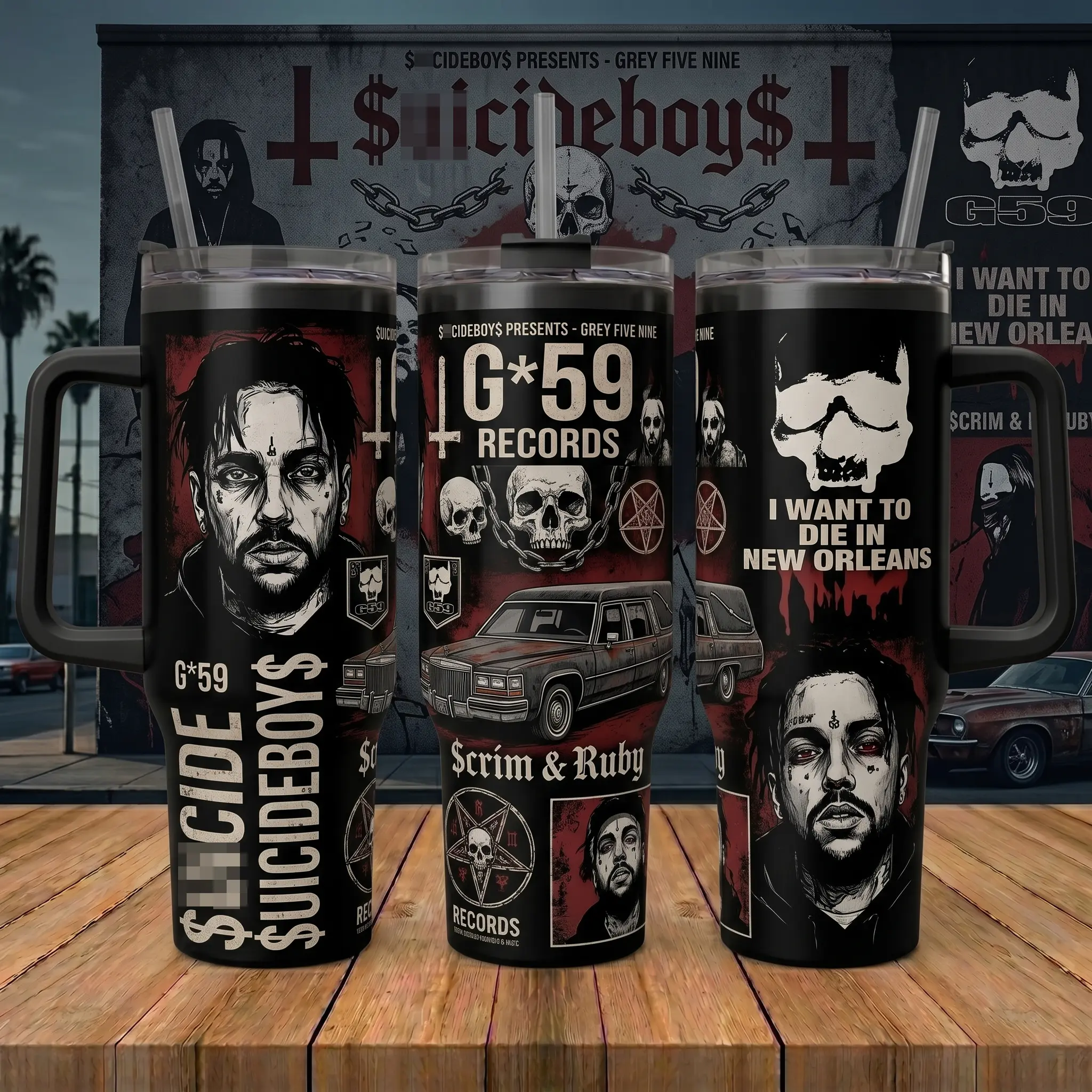 Suicideboy G59 Tumbler, 40oz Insulated Travel Mug with Handle & Straw, Scrim Ruby New Orleans Hip Hop Rap Graphic Drinkware, Stainless Steel Vacuum Cold Water Cup, Underground Music Fan Gift