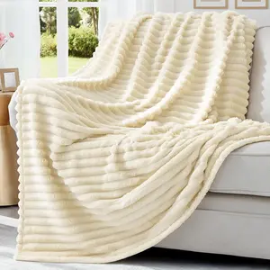 Soft Fleece Beige Throw Blanket for Couch, Cozy Plush Flannel Striped Blanket for Sofa Bed, Lightweight Decorative Ribbed Fuzzy Blanket for Woman, 50x60 Inches
