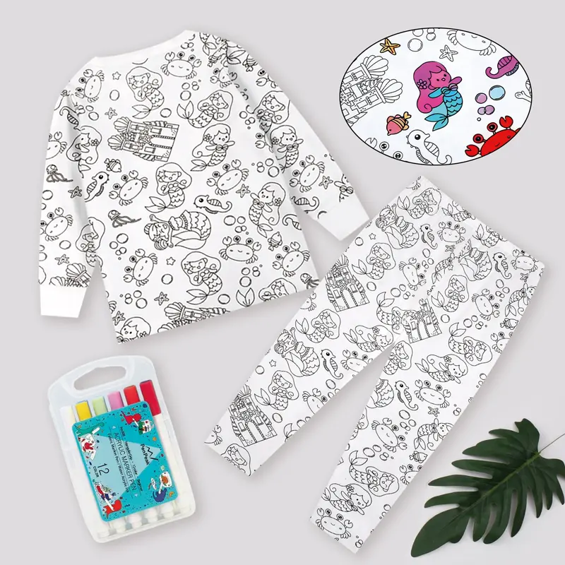 Boys White Crew Neck Long Sleeve Blank Dinosaur Outline Print Top Matching Elastic Waist Full Print Leggings 2Pcs DIY Coloring Toddler Loungewear Set, Interactive Jurassic Kid Home Sleep Outfit # matching set # dinosaur outfit # crew neck top