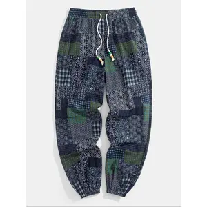 Men's Ethnic Pattern Patchwork Drawstring Waist Jogger Pants, Boho Casual Loose Pocket Elastic Waist Trousers for Spring & Fall, Fashion Men's Bottoms for Daily Wear, Casual Sports Trousers